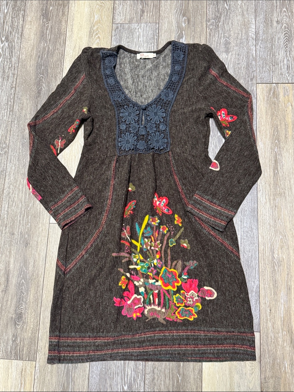 Aryeh Brown V-Neck Sweater Dress with Colorful Floral Embroidery